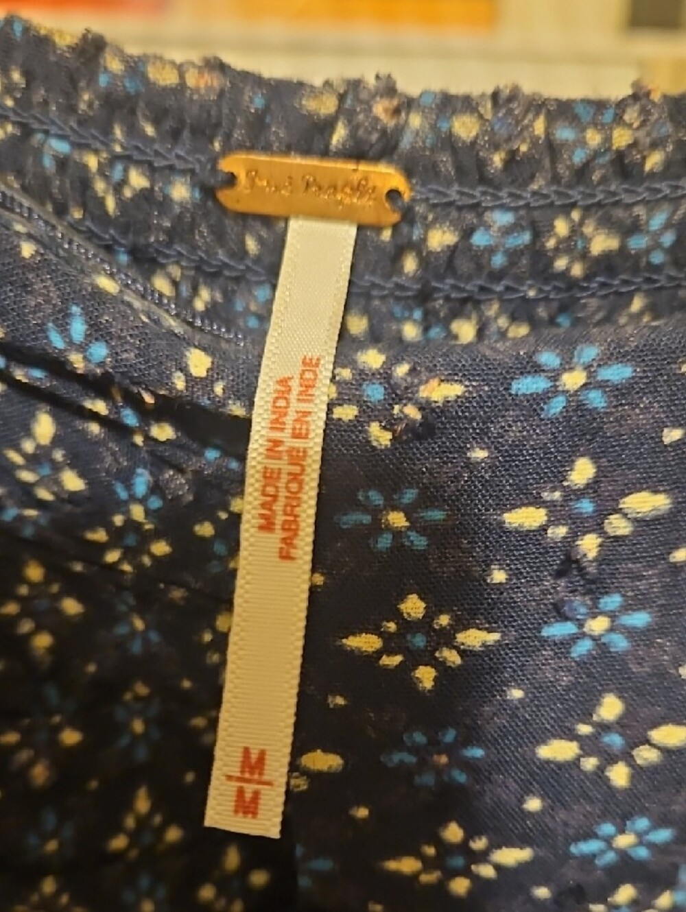 Free People Navy Blue and Sage Patchwork Boho Top - Picture 2 of 7